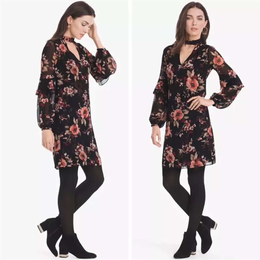 White House Black Market Floral Shift Dress Black Grenadine‎ Ruffle Sleeve S NEW